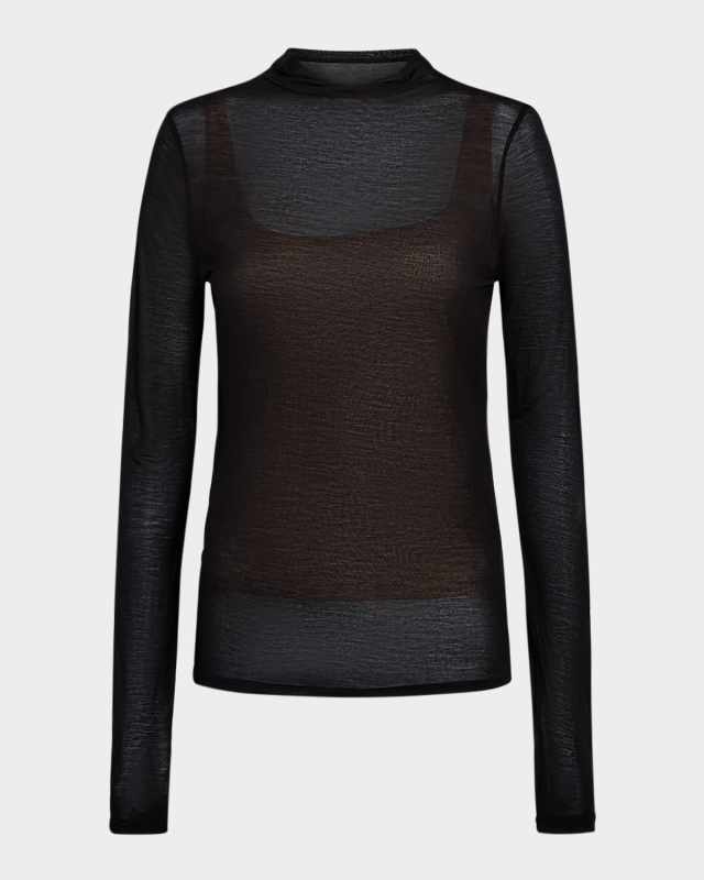 Sheer Long-Sleeve Mock-Neck Top
